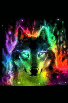 a painting of a wolf with a rainbow of colors surrounding it