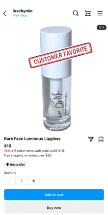 a phone screen shows a product called bare face luminous lipgloss for $ 10