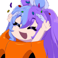 a cartoon of a girl with purple hair and jelly beans on her hair