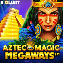 an advertisement for aztec magic megaways shows a woman and a pyramid in the background