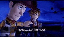 woody from toy story and sora from kingdom hearts are standing next to each other and talking .