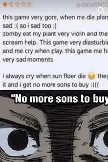 a picture of a person 's face with the words " no more sons to buy " at the bottom