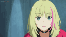 a girl with blonde hair and pink streaks is looking at the camera with animeplus.net written on the bottom