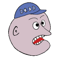 a cartoon character wearing a blue hat that says dood on it