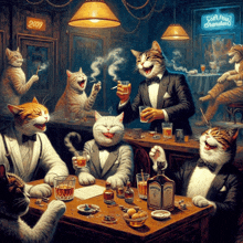 a painting of a group of cats sitting around a table with a sign that says cat paw charleston on it