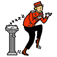 a cartoon of a man in a red jacket standing next to a cat sleeping on a pedestal .