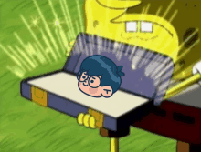 a cartoon drawing of a boy with glasses laying in a box