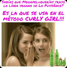 two girls whispering in front of a bottle of megapeluqueria shampoo