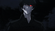 a black and white anime character has red eyes