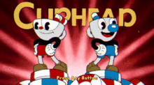 a cartoon of two cuphead characters standing on top of a checkered podium .