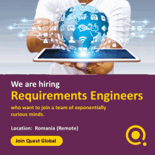 a man is holding a tablet with a globe on it and the words we are hiring requirements engineers