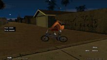 a screenshot of a video game shows a person riding a bike and a fence with graffiti on it