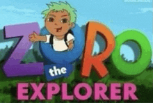 the logo for zero the explorer shows a boy with green hair giving a thumbs up