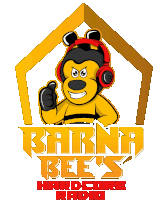 a logo for barna bees hardcore radio with a yellow bee wearing headphones