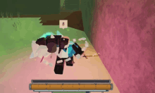 a video game character is laying on the ground with a pink wall in the background