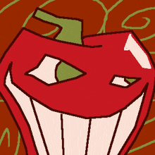 a cartoon drawing of a red apple with a big smile on its face