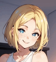 a close up of a blonde anime girl with freckles and blue eyes smiling .