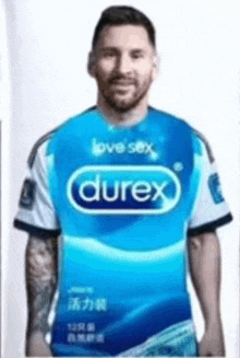 a man is wearing a blue and white shirt that says durex on it .