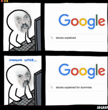 a cartoon of a man looking at a google search for stocks explained for dummies