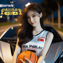 a woman in a mix parlay jersey is holding a basketball