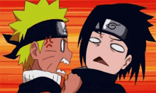 a cartoon of naruto and sasuke fighting each other with a red background .