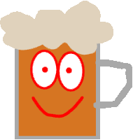 a cartoon drawing of a mug of beer with a smiling face