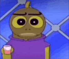 a cartoon character in a purple shirt is holding a glass of liquid .