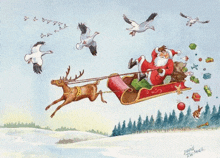 a watercolor painting of santa claus in a sleigh with reindeer pulling him