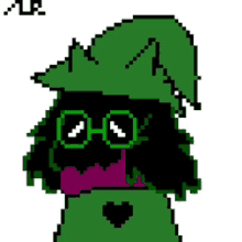 a pixel art of a cartoon character with a green hat and glasses .