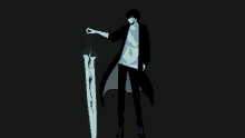 a man in a black coat holds a large sword