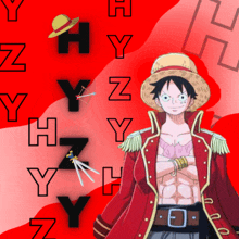 luffy from one piece stands in front of a red background with the letters h y and z