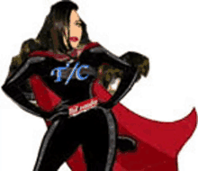 a woman in a superhero costume with a red cape is standing on a white background .