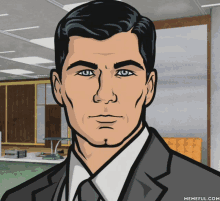 a cartoon of archer with blue eyes and a gray suit