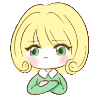 a drawing of a girl with blonde hair and green eyes with her arms crossed