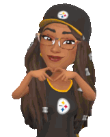 a cartoon character wearing a steelers hat and glasses making a heart with her hands