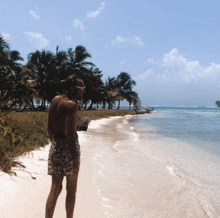 a shirtless man stands on a beach looking at the water