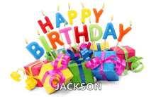 a happy birthday card for jackson with gifts and candles