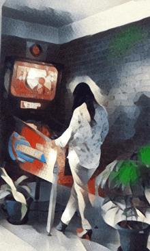 a painting of a woman playing a pinball machine that says ' pinball ' on the screen