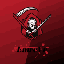 a grim reaper holding a scythe with the word emrevr below him