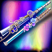 a painting of a flute with flowers and rhinestones on it