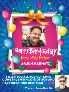 a birthday card with a picture of a man and the words " happy birthday to my lovely brother arjun karnati "