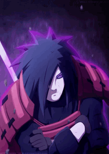 a purple haired anime character is holding a sword with the website https://mega-uchiha.deviantart.com at the bottom