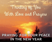 a picture of a sunset with the words " thinking of you with love and prayers praying for your peace in the new year "