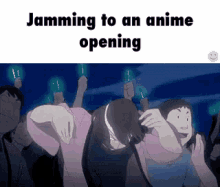 a group of people are jamming to an anime opening while holding light bulbs in their hands .