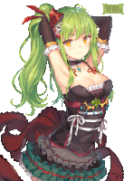 a girl with green hair is wearing a black dress and gloves