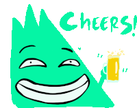 a cartoon drawing of a triangle holding a mug of beer with the words cheers below it