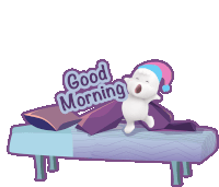 a cartoon character yawning on a bed with the words good morning written on it