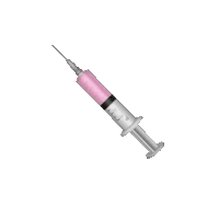 a pink syringe with a needle on a white background .