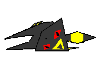 a pixel art drawing of a black and yellow object with red eyes