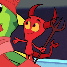 a cartoon devil is holding a trident in his hand